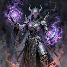 a necromancer sci fi mech wearing a robe made of mechanical parts conjuring pyrokinetic energy, surrealism, smooth, intricate, elegant, demonic energy, power aura, highly detailed cybernetic robe, neon glowing spells, digital painting, artstation, concept art, high tech fantasy, sharp focus, illustration, art by daytoner and vitaly bulgarov