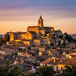 A vibrant photograph of a medieval village in Southern France, extreme wide shot, sunset photo at golden hour.