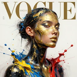 3 d, head of fashion model with liquid black and gold paint, vogue cover style, paint splatters, blue and yellow and red paint splashes, paint drops whirling in the air, 3 d poster art, high detail, 3 d intricate oil painting, multiple exposure, stanley kubrick mood, hyperrealism, 3 d, by tooth wu and wlop and beeple and greg rut