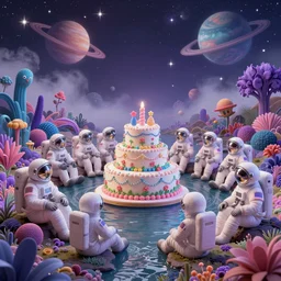 twelve astronauts sitting by the river with a big holiday cake + psychedelic vegetation + purple, pink, blue + planets and stars + mystical fog, super detail, high quality