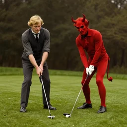 colorful portrait of a blonde man and the devil playing golf, 1 8 0 0 s victorian photo, hand coloured photo, cinematic lighting, atmospheric, realistic, octane render, dramatic lighting, highly detailed, cinematic, by joel peter witkin and hieronymus bosch