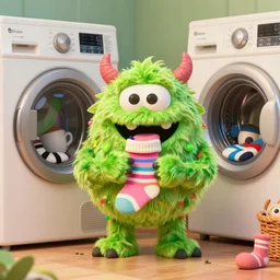 silly monster eating socks next to dryer, by rudolf hausner and jim henson, thomas kinkade, 3 d model, octane render, daytime made in blender, trending on artstation, trending on nightcafe, unreal engine, behance, wallpaper 4 k, realism, bright loud colors