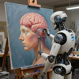 photorealistic illustration of a sci - fi android in an artist's studio, making and oil painting of a human brain on a large canvas, beeple, deviantart, cgsociety, behance