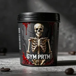 edgy, skeleton, bloody, gym pre - workout container art, product photo
