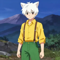 fursona character portrait of an albino mountain wearing a yellow button-down shirt, green slacks, and suspenders. hidari, color page, tankoban, 4K, tone mapping, Akihiko Yoshida.