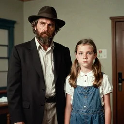 7 0 s film still from a horror movie starring a preacher and his daughter, kodachrome, cinecolor, cinestill, film grain, film texture, retro, cinematic, high resolution, photorealism,