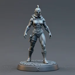 80mm resin detailed miniature of a helmeted muscular woman in full-face iron helmet, stomach, navel, boots, Logo, on textured disc base; Product Introduction Photos, 4K, Full body, view from front