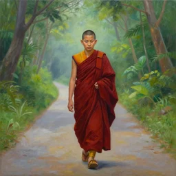 painting by richa kashelkar of a young buddhist monk walking down a narrow road in jungle early morning