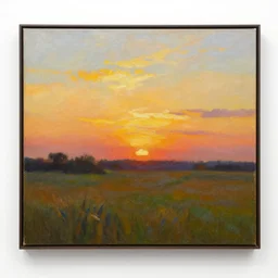 a painting of a sunset over a field, an oil painting by scott naismith, featured in gallery, american scene painting, landscape, painterly, acrylic on canvas