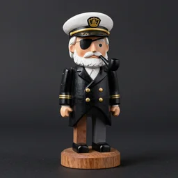 a painted wooden figurine of a serious looking, old, ship captain with white hair, white beard, wearing an eyepatch, with a black cigar pipe, a black coat, and white captain's cap with gold accents, standing with one wooded leg, on a cuboidal wooden platform