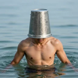 Extremely buff man wearing a steel bucket on his head, emerging from the water
