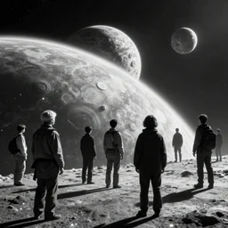 Humanity encounters another intelligent civilisation from another planet, black and white, depth of field