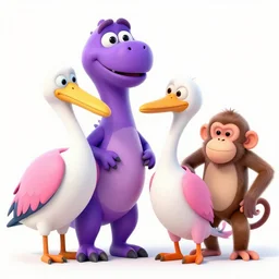Barney the purple dinosaur, a pelican in pink suits, and a monkey in a match. from Barney & Friends live action kids tv show 1992, 4k photograph still