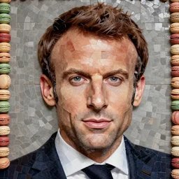 mosiac portrait of emmanuel macron made of macarons
