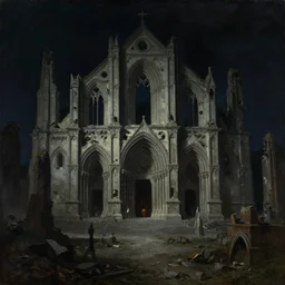 nocturnal dark cinematic image of a mega ruin site of a decaying cathedral, oil on canvas by giorgio de chirico and alan lee
