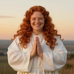 Symmetrical cleric of symmetry. Stocky red-haired woman. Smiling. Happy. Cheerful. Art by william adolphe bouguereau. During golden hour. Extremely detailed. Beautiful. 4K. Award winning.