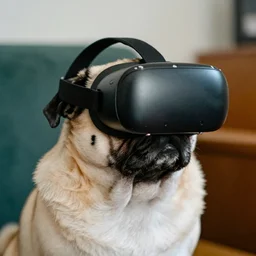 film still medium shot a pug wearing a oculus quest vr headset, leica sl 2 5 0 mm, vivid color, high quality, high textured, real life