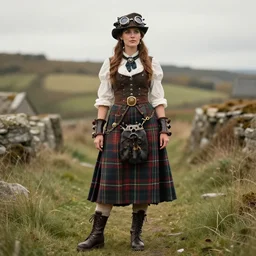a photorealistic detailed long shot, full - body of a beautiful scottish woman in cape breton tartan skirt in steampunk style