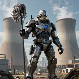 highly detailed Toxic Avenger cyberpunk holding a mop infront of a nuclear power plant, hyper realistic, sci-fi fantasy, dynamic lighting, stunning visuals, trending on art station