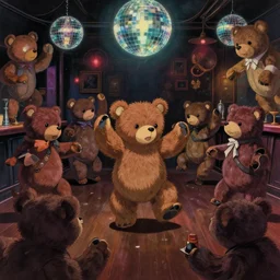 in a dark adult night pub, many teddy bear wildly crazily dancing hyper, disco lighting, darkly playful color scheme, intricate details, matte painting, illustration, by hayao miyazaki