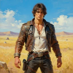 realistic landscape painting with hysterical teh hyun young man as mad max, made by michelangelo, physical painting, sharp focus, digital art, bright colors, fine art, trending on artstation, unreal engine