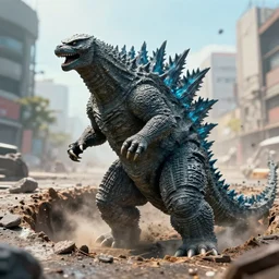 an photo of Godzilla come out from the street hole, very realistic, high resolution,