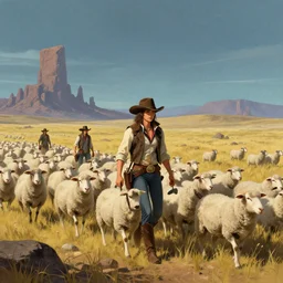 Cyberpunk cowboys herding sheep in a No Man's Sky landscape in the style of Frederic Remington