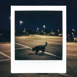 the ghost of a black cat grazing in an empty parking lot with high street lamps, starry night, street photography, polaroid, very detailed, dark colors