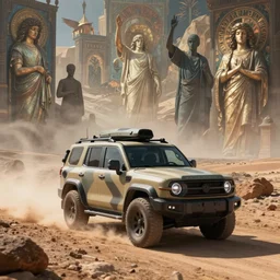 a militarised suv designed by apple driving through socotra island, artgerm and greg rutkowski and alphonse mucha, an epic fantasy, volumetric light, detailed, establishing shot, an epic fantasy, trending on art station, octane render, midsommar