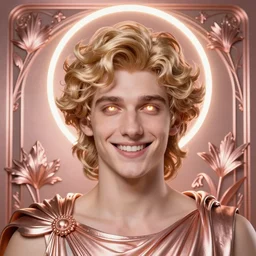 smirking young god apollo, wavy blond hair, bright halo, glowing eyes, volumetric lights, rose gold scheme, art nouveau botanicals, gothic, intricate, highly detailed, digital painting, artstation, concept art, smooth, sharp focus, symmetric face, illustration, steampunk, art by artgerm and greg rutkowski and alphonse mucha