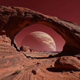 alien rocky planet surface with large rock arches, red sky, hd, photorealistic