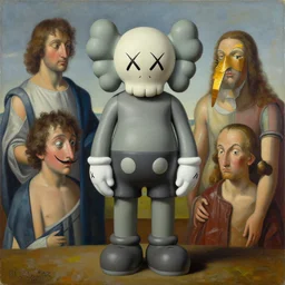 abstract sculpture figure by kaws, james jean and salvador dali and shusei nagaoka, oil on canvas, surrealism, neoclassicism, renaissance, hyper realistic, ultra detailed, cell shaded, 8 k