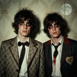 two handsome but sinister young men wearing gucci in layers of fear, dead space, with haunted eyes and wild hair, 1 9 7 0 s, seventies, wallpaper, a little blood, moonlight showing injuries, delicate embellishments, painterly, offset printing technique, by brom, robert henri, walter popp