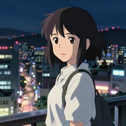 A screenshot of the girl on the a night city view of Seoul in the scene in the Makoto Shinkai anime film Kimi no na wa, pretty rim highlights and specular