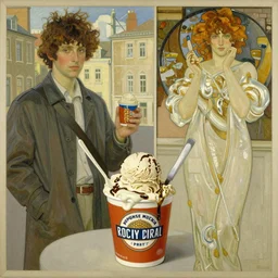 edwin goes to town on a pint of rocky road ice cream, oil on canvas, by alphonse mucha and greg rutkowski