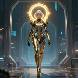 beautiful pale girl with giant golden halo wearing power armor walks through a portal to the digital world. grand. cyberpunk scene by ralph mcquarrie and beksinski r / characterart
