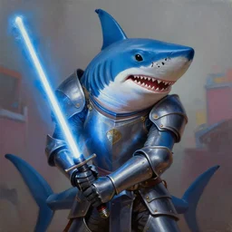 oil matte portrait painting, anthropomorphic blue shark wearing knight armor, holding a lightsaber, fantasy, masterpiece, highly detailed, scifi, deep focus, elegant, digital painting, street art, trending artstation, sharp focus, shading, dramatic illumination, ultra realistic, 4 k, art by greg rutkowski wlop rossdraws