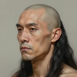 portrait of a shaved man with a very square and large jaw, his face lines are harsh, he he is shaved!!! but long black hair, he looks like a cave man bronze but he is shaved, soft lighting, rough lines, matte painting trending on artstation by greg rutowski