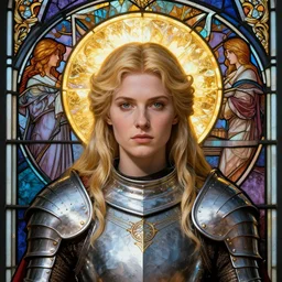 masterpiece head-on symmetrical centered portrait, Elisha Cuthbert as a warrior paladin, RPG portrait, medieval era, blonde hair, prismatic golden halo around head, wearing plate armour, elegant, distant, stained glass tarot style, in the style of Edgar Maxence and Ross Tran and Zdzisław Beksiński and Michael Whelan and Mucha and Gustave Doré, specular highlights, 8k, octane render