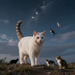 photorealistic imagery of might sky full of cats and stars, dreamy