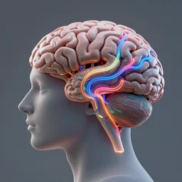 3 d model of human brain in profile, tendrils of colorful light, unreal engine, artstation, photorealistic, octane render, scifi