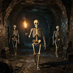 a skeleton wandering through an endless dungeon with a torch, 3 d