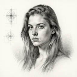 a beautiful hyper realistic portrait pencil sketch from a picture of a French nubile with stoic attitude by Peter Mohrbacher Technical drawing blueprint