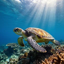 Underwater coral reef sunbeams beautiful swimming turtle award winning nature documentary, David Attenborough
