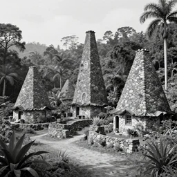 long and tall organic stone houses, stone village, jungle, black and white photography, year 1 9 0 0, artstation, digital art