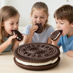 kids feasting on a colossal oreo, photorealistic