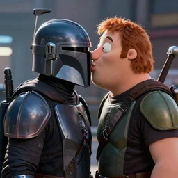 mando from mandalorian kissing peter parking from family guy ultra realistic, lens flare, atmosphere, glow, detailed, intricate, full of colour, cinematic lighting, trending on artstation, 4 k, hyperrealistic, focused, extreme details, unreal engine 5, cinematic, masterpiece, ultra realistic, hyper realistic, highly detailed, sharp focus, digital art