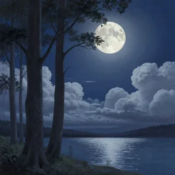 A beautiful ultra detailed matte painting Moonlight woods near the water puffy clouds, by Cyril Rolando, David Wiesner, Karol Bak , featured on artstation