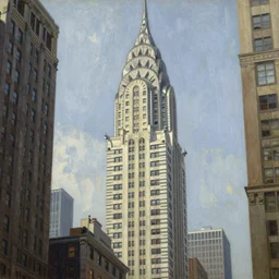 detailed cinematic low angle shot of new york chrysller building, spring light, painting by gaston bussiere, craig mullins, j. c. leyendecker