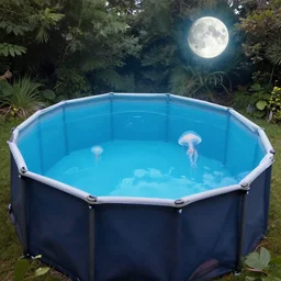 underwater above ground pool looking at built - in pool with moon jellies floating, greg rutkowski